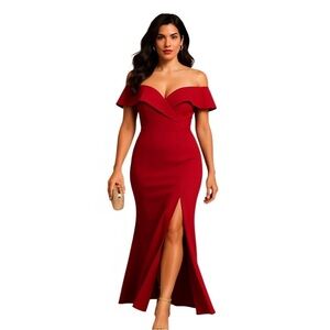 Women’s One-Shoulder Red Evening Gown with Front Slit